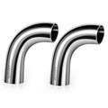 Pair of 90-degree stainless steel exhaust elbow pipes with dark inlet openings.