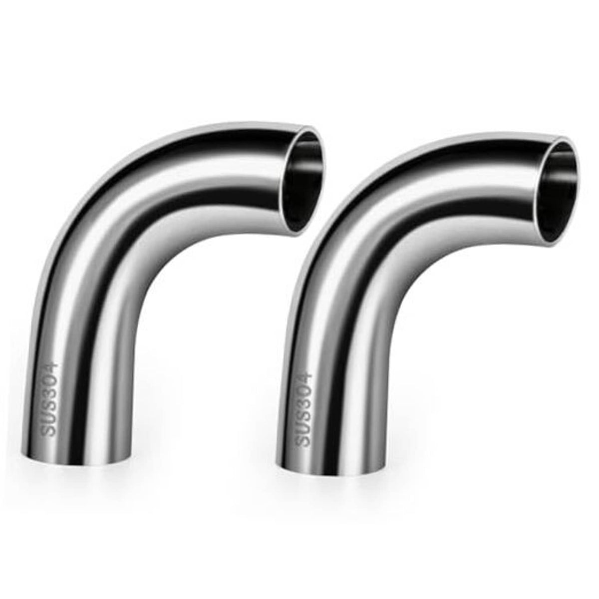 Pair of 90-degree stainless steel exhaust elbow pipes with dark inlet openings.
