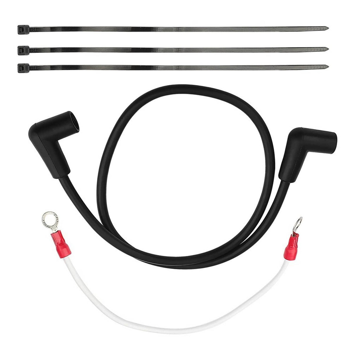 Ignition wiring harness with black boots and red connectors, plus three metal leads