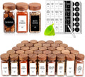 Square glass spice jars with wood lids, label sheets and green funnel