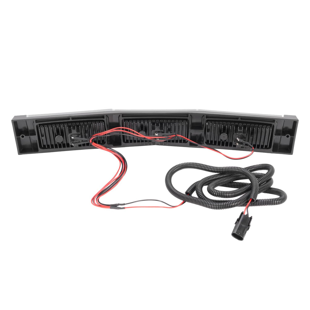 Back side of 3-LED headlight light bar with vented grille and wiring harness