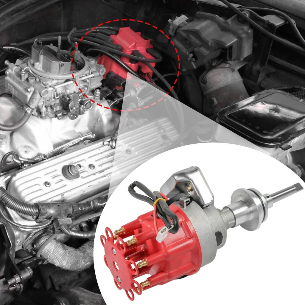 Electronic distributor installed in engine bay, red cap visible near ignition components