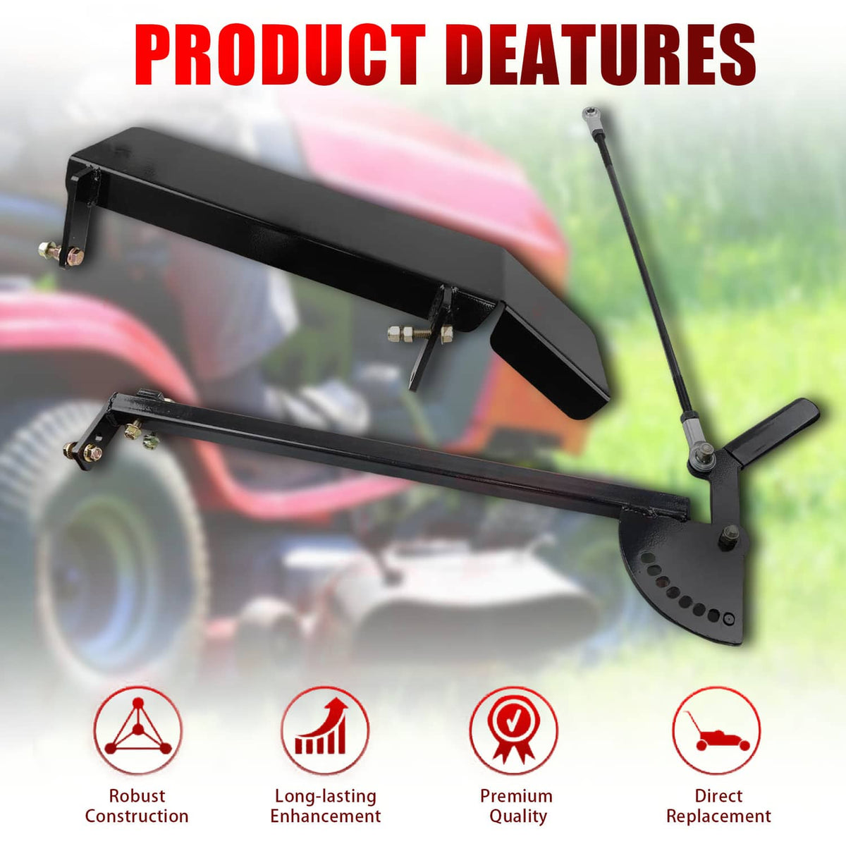 Black steel chute blocker with long support arm and triangular side guard