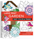 Spiral-bound garden coloring book with red title banner, bird and flower illustrations