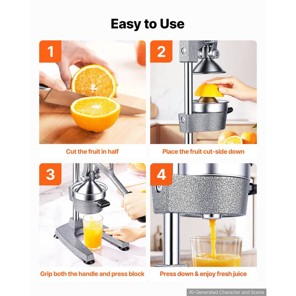 Manual citrus juicer press steps showing cutting fruit and pressing down the lever