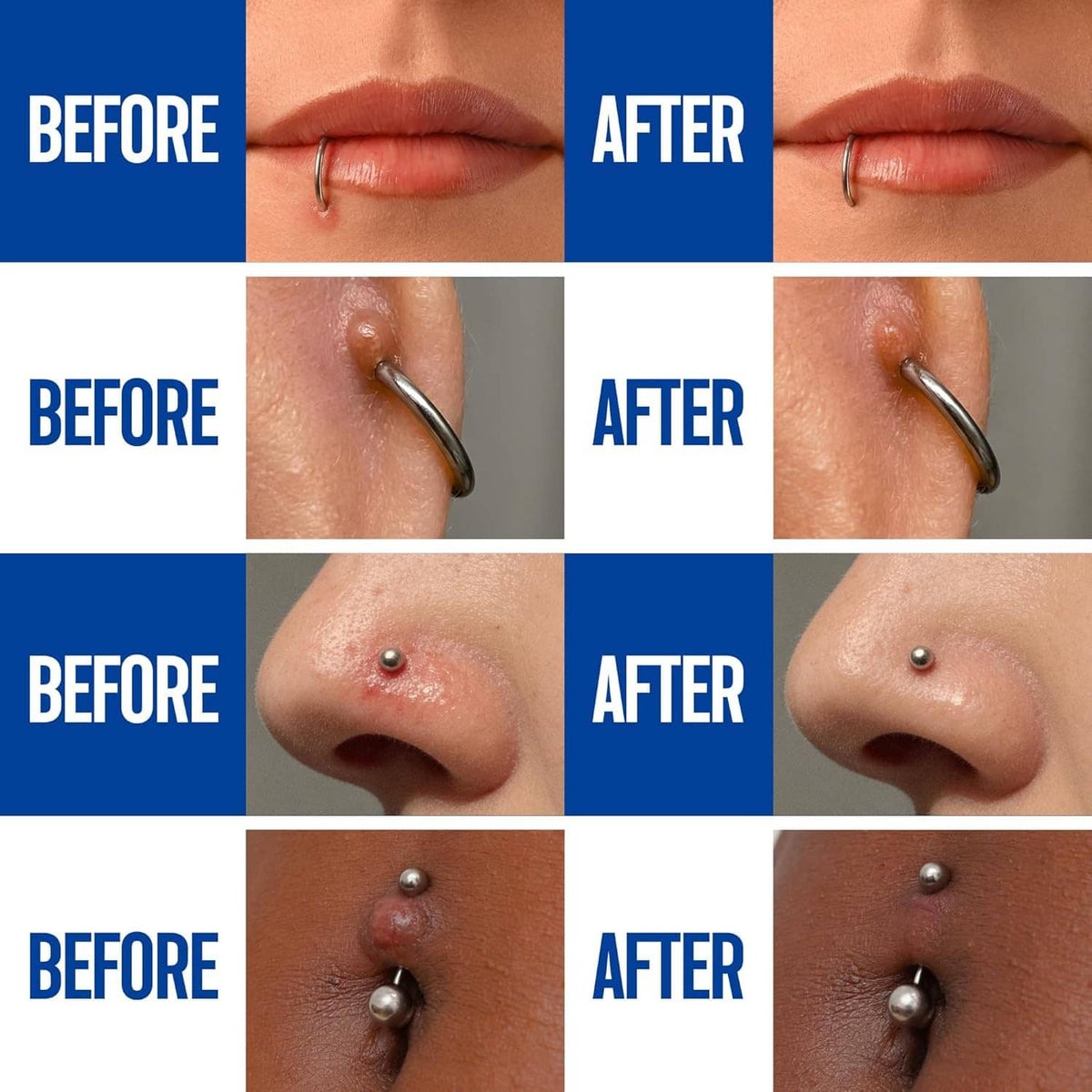Piercing aftercare before-and-after collage showing earlobe and nose piercings