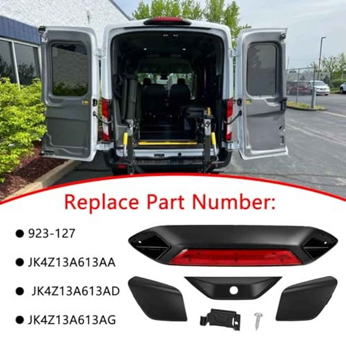 LED third brake light assembly for rear door with black housing and red lens installed