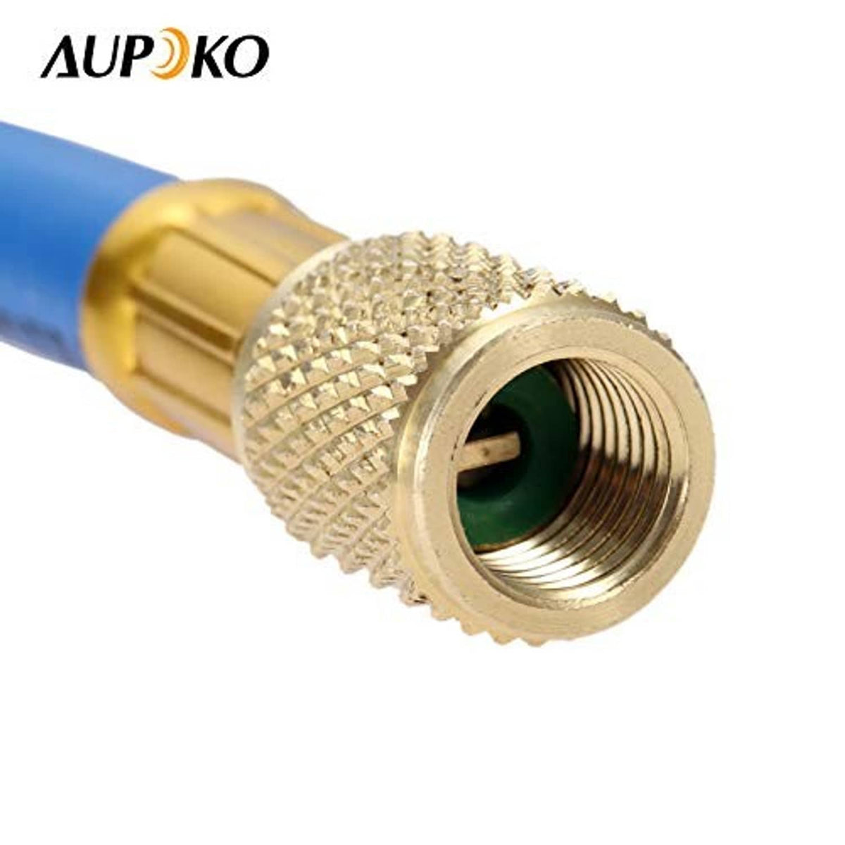Close-up of blue hose with gold brass threaded connector fitting