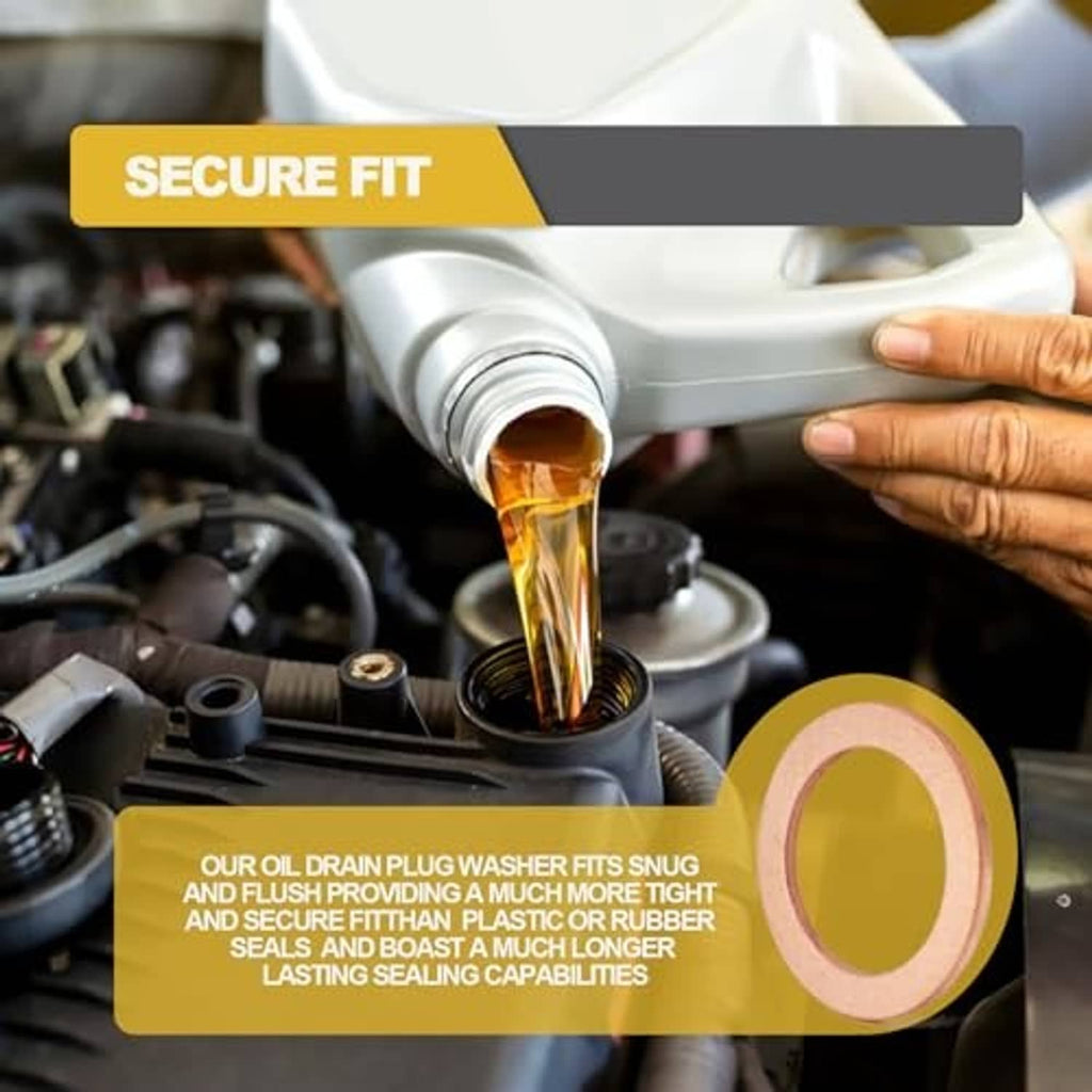 Oil drain plug gasket with copper washer being fitted to vehicle drain plug