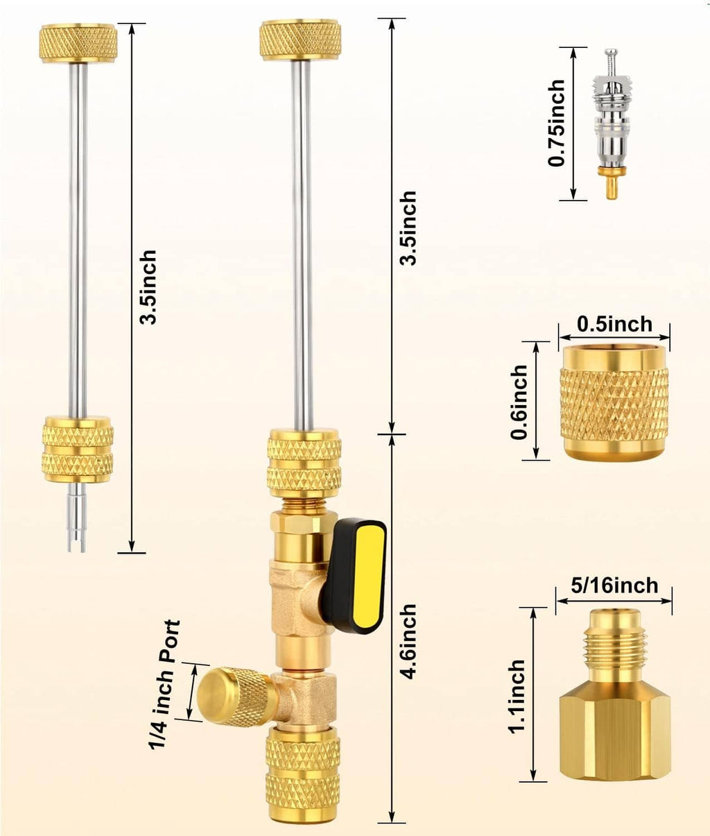 Brass valve core removal tool with black lever cap and threaded adapter pieces