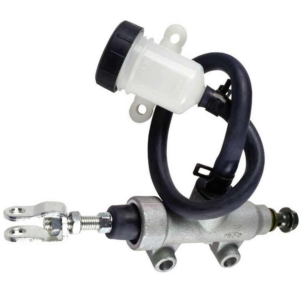 Rear brake master cylinder assembly with white reservoir and black hose lines