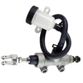 Rear brake master cylinder assembly with white reservoir and black hose lines
