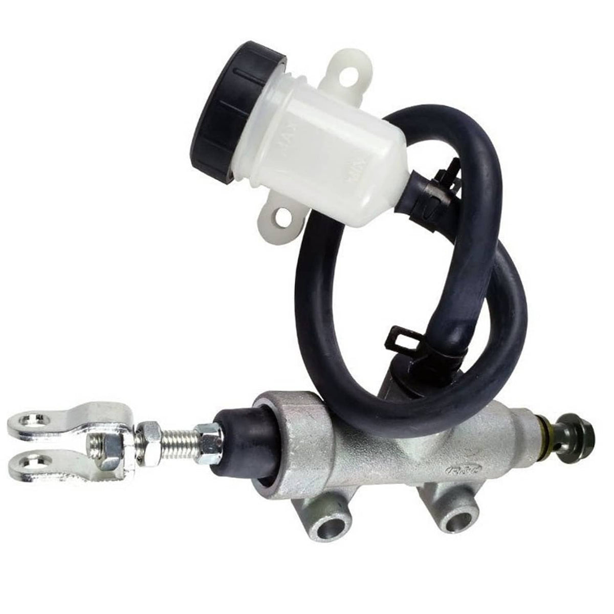 Rear brake master cylinder assembly with white reservoir and black hose lines