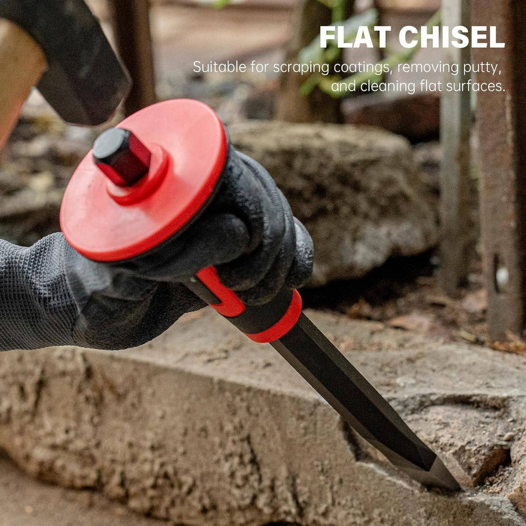 Flat masonry chisel with red/black handle and hand guard, scraping on stone