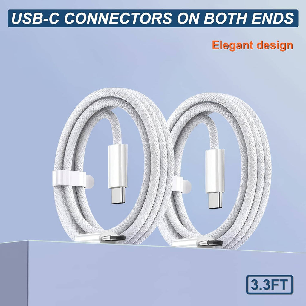 Coiled white braided USB-C to USB-C cables with white connector ends.
