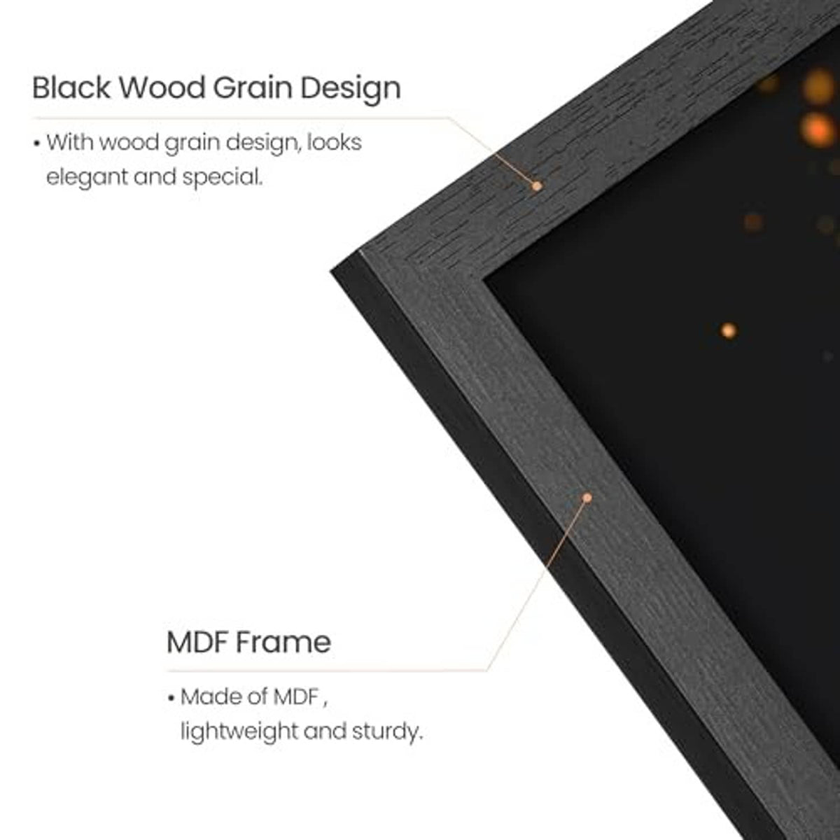 Black wood-grain MDF photo frame corner, angled close-up.
