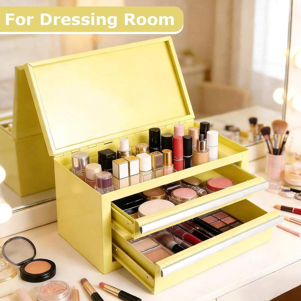 Yellow mini tool chest open with lid and drawer compartments for cosmetics