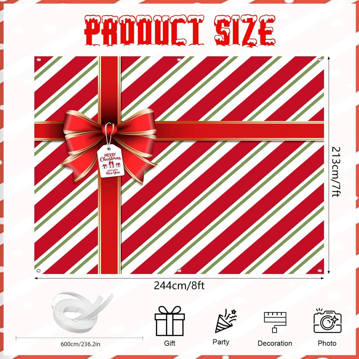 Red and green striped garage door cover with ribbon bow and measurement-style layout