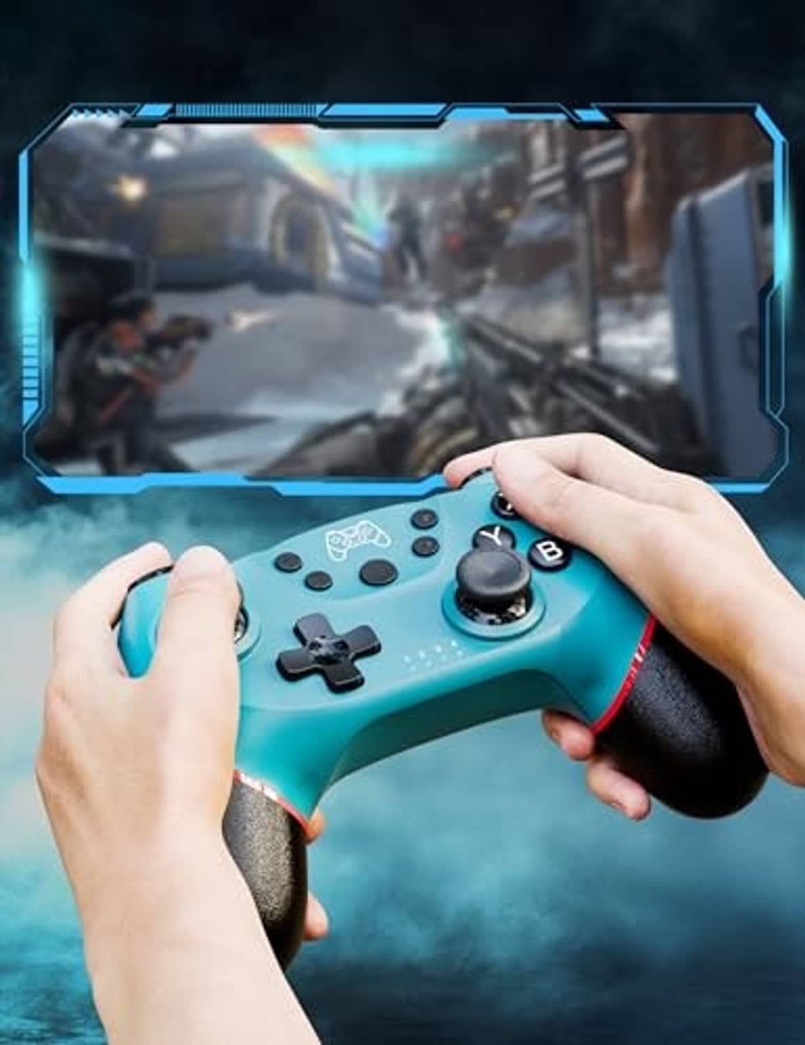 Teal wireless game controller held in hands, showing ABXY buttons and thumbsticks