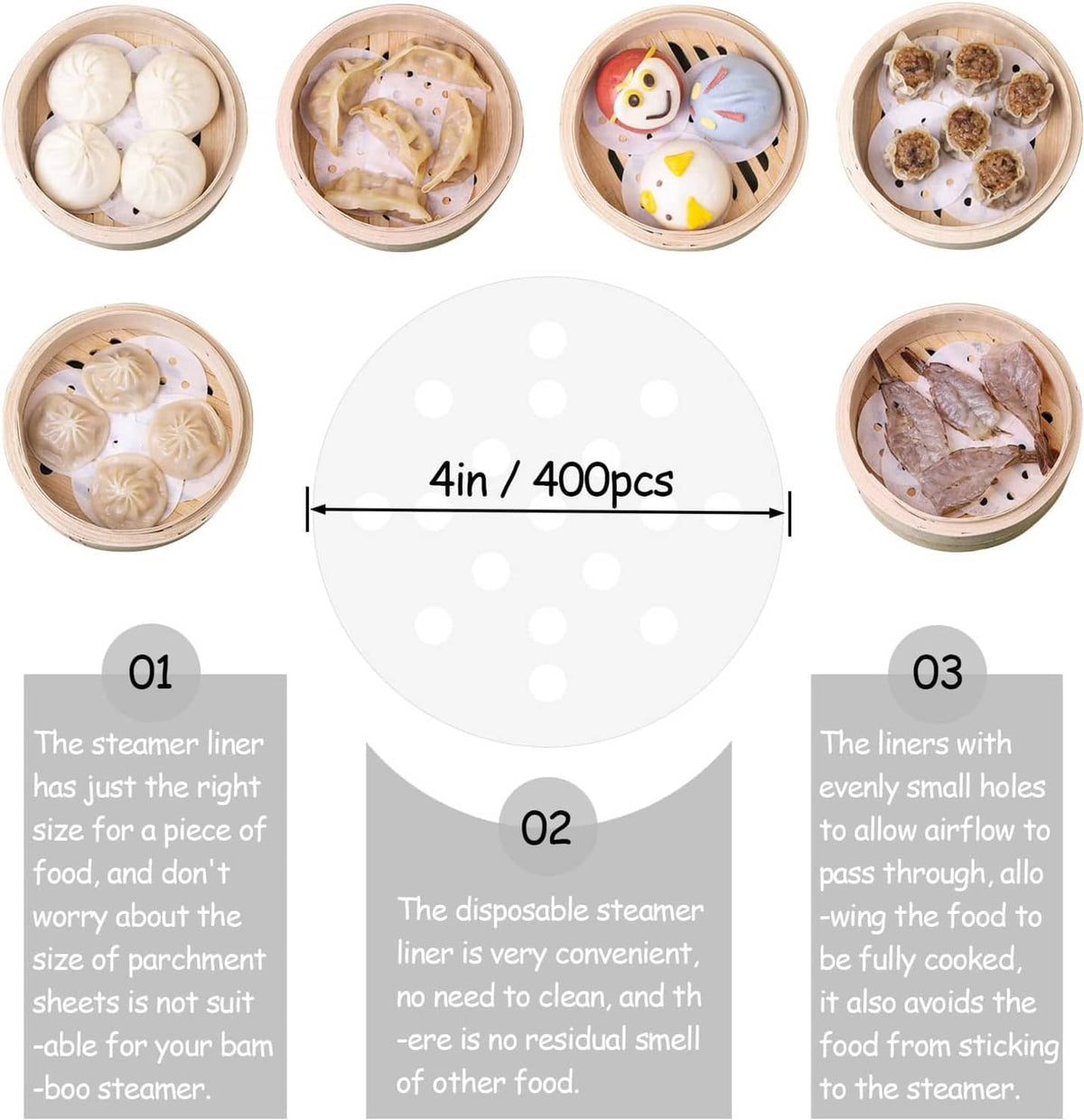 Round perforated white steamer liner pads shown in multiple small bamboo bowls