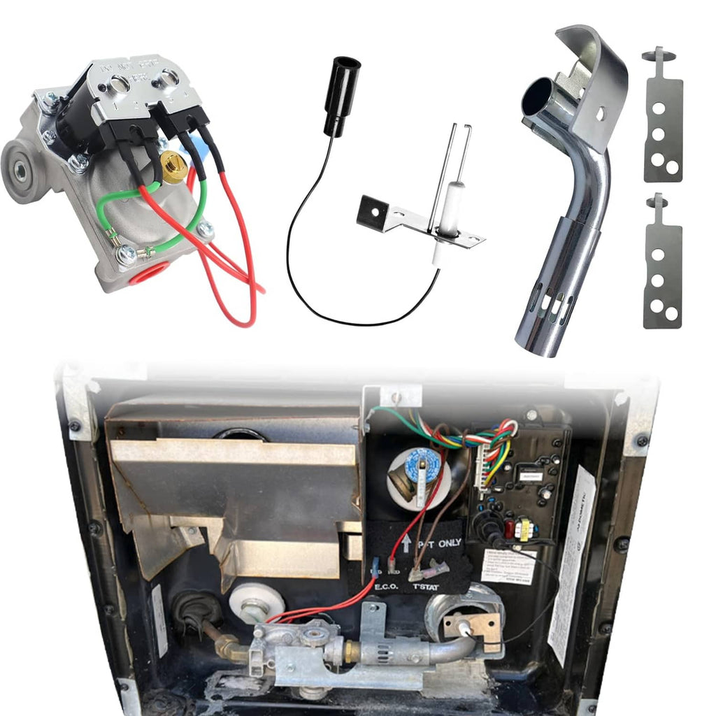 RV water heater replacement parts kit, showing valve assembly and wiring harness