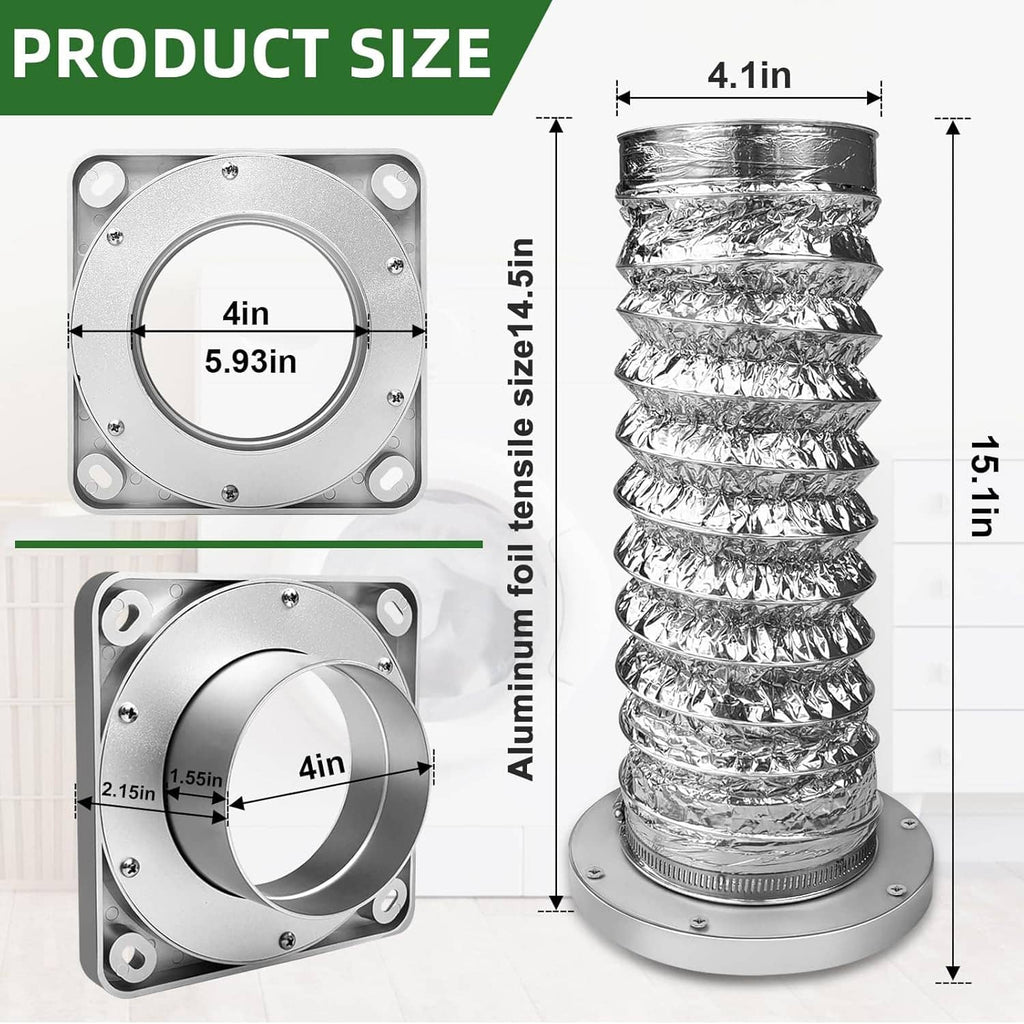 Dryer vent coupling with 4-inch wall flange and connector, shown with vent hose section