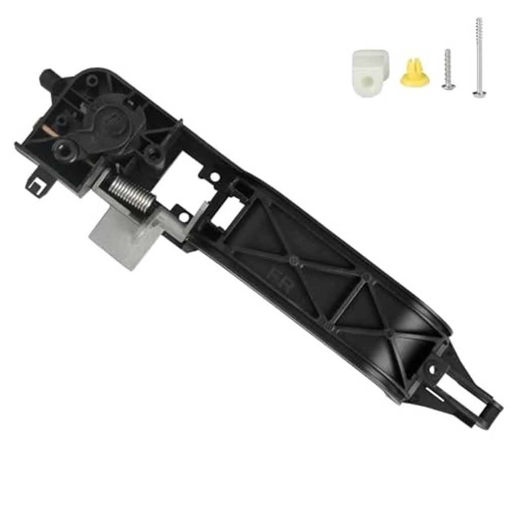 Black exterior door handle reinforcement plate assembly with spring, screws, and clips
