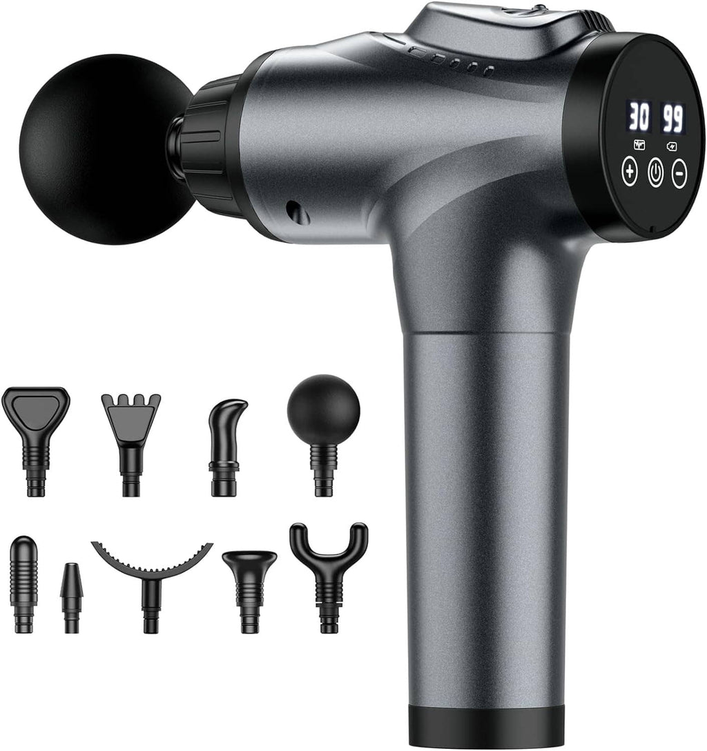 Handheld electric massage gun with ball head and multiple attachment heads in a set