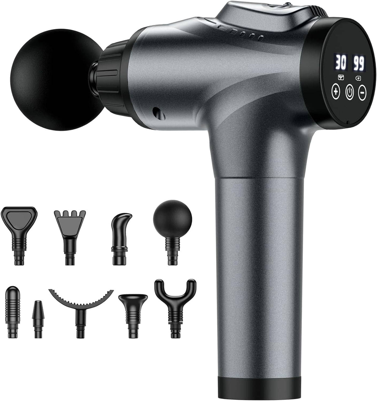Handheld electric massage gun with ball head and multiple attachment heads in a set