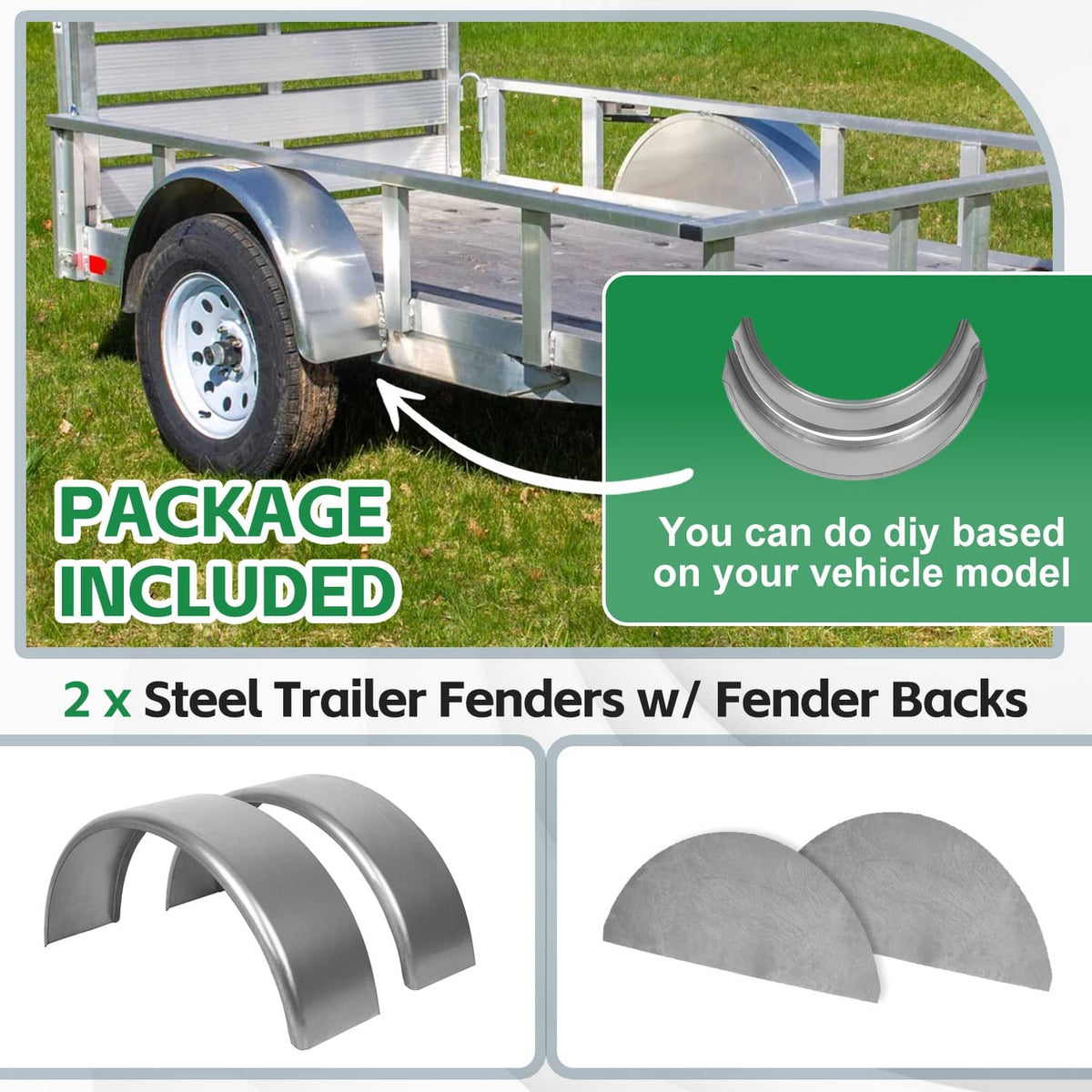 Steel round trailer fenders with integrated back covers, mounted on a utility trailer