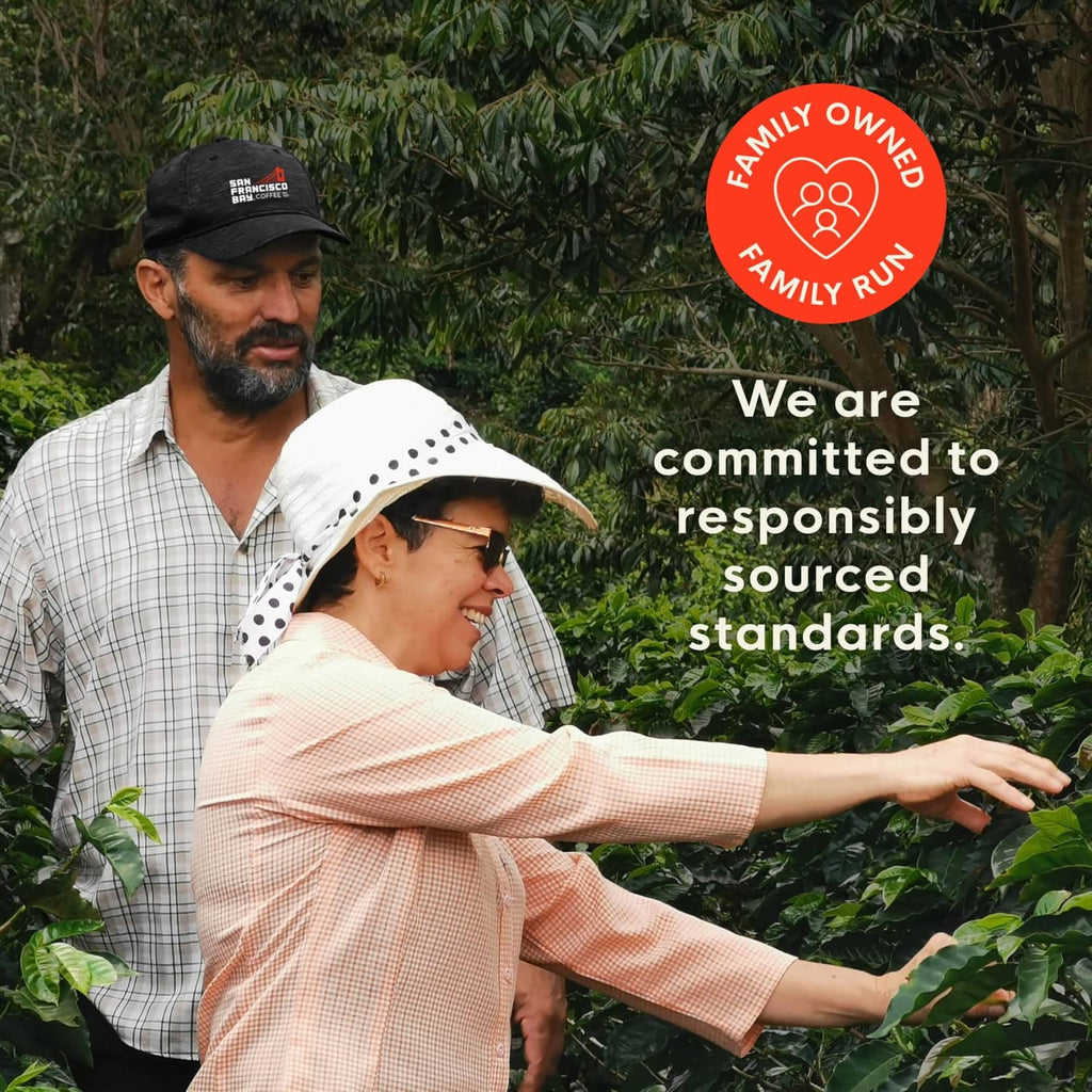 San Francisco Bay Coffee promotional hat and Family Owned badge outdoors
