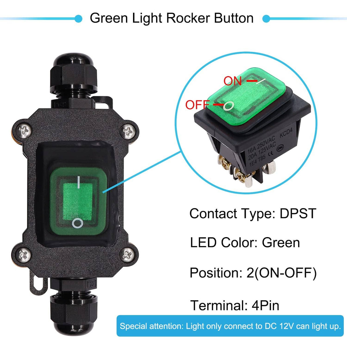 Green light rocker inline switch with ON/OFF button and 4-pin terminal base