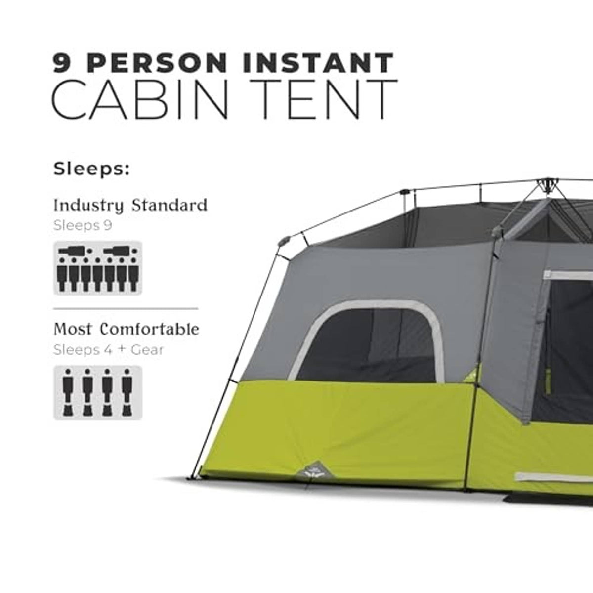 9-person instant cabin tent, green lower panel and gray upper walls with front window