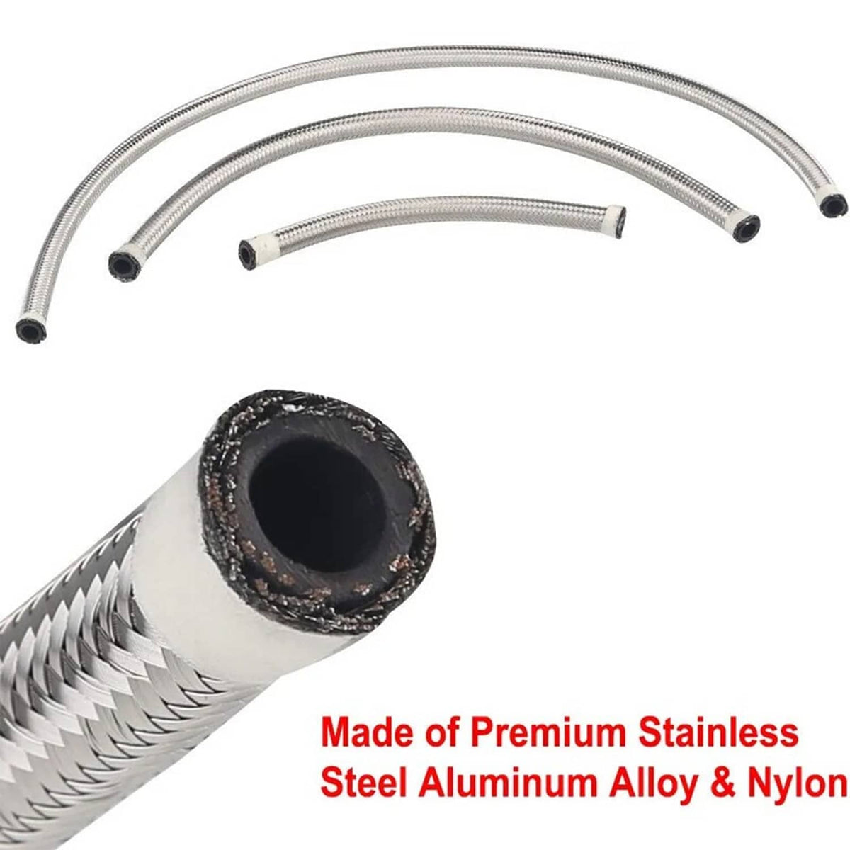 Braided fuel line hose with black protective sleeve ends