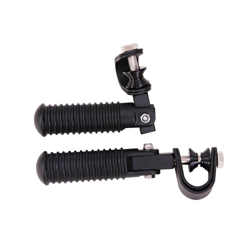 Black motorcycle foot pegs with spring coils, curved brackets, and rubber ridged grips