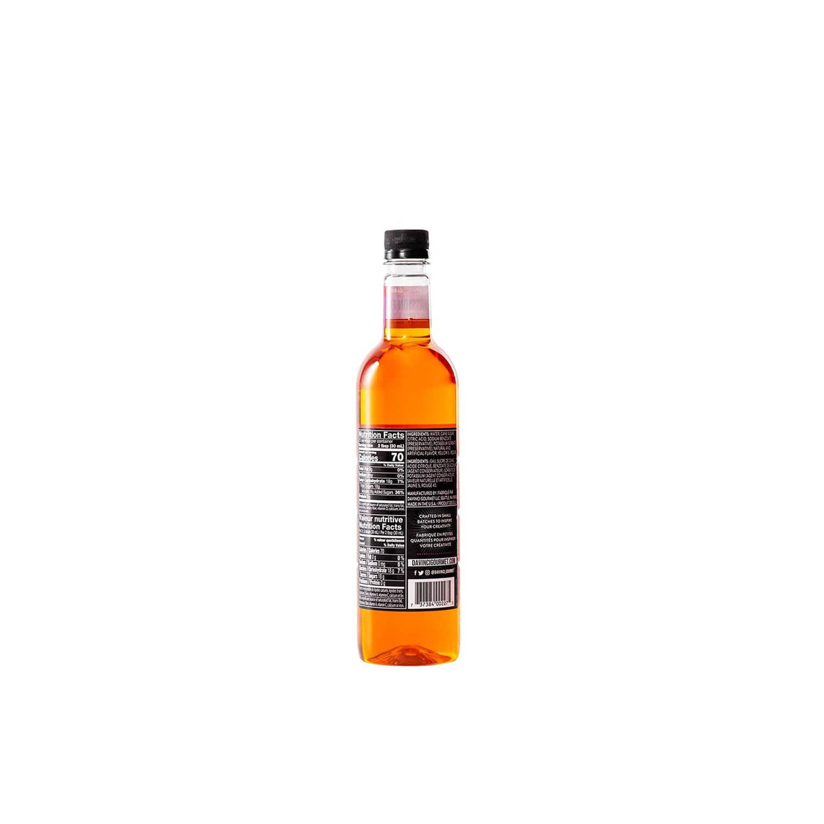DaVinci Gourmet passion fruit syrup bottle, rear label side view with amber liquid