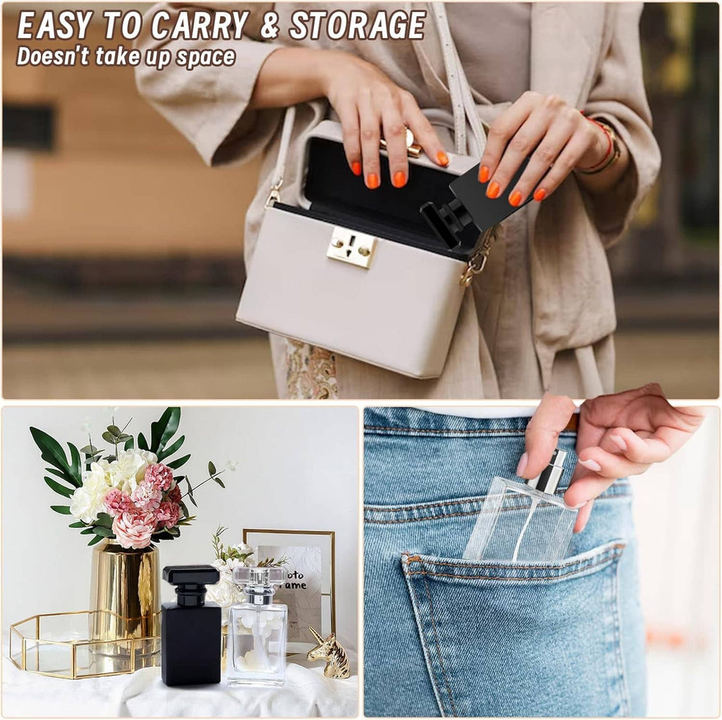 Perfume atomizer bottle with black pump sprayer being carried in a compact case
