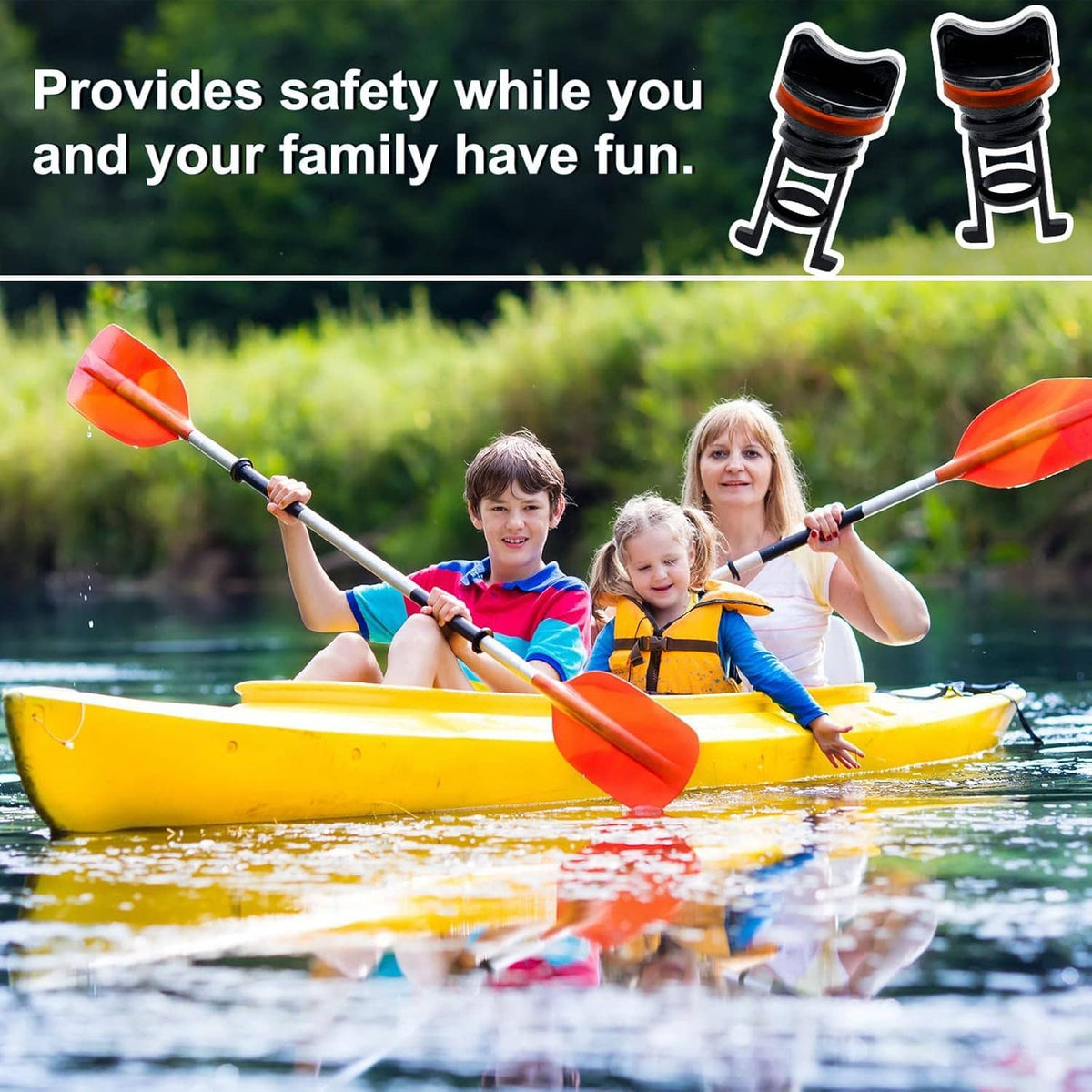 Safety icon illustrations of orange-ring drain plugs for boats and kayaks
