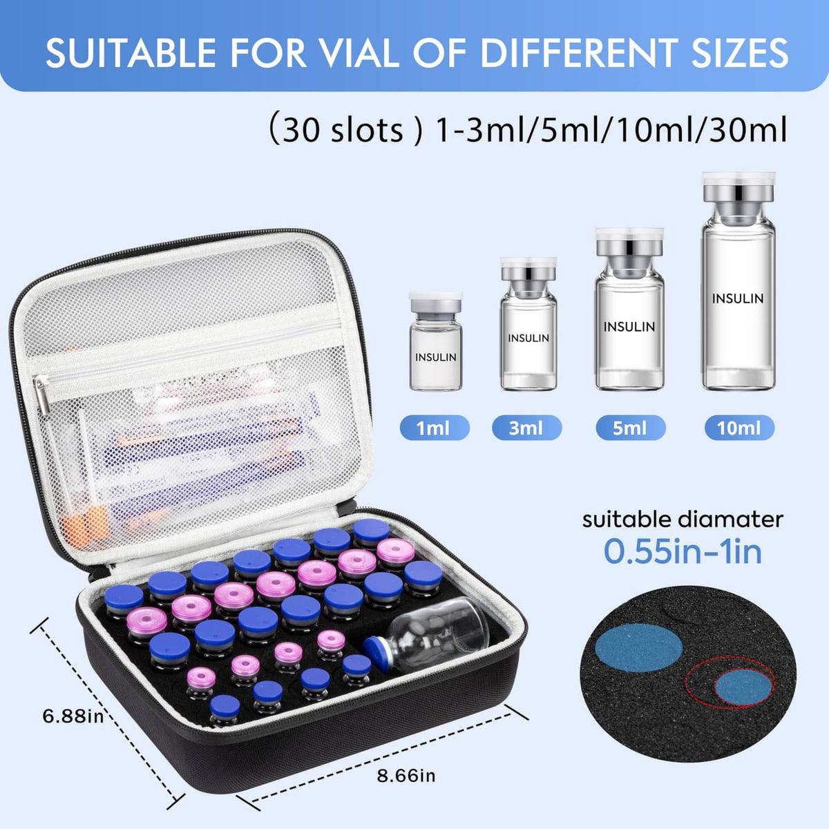 Black case with 30 slots sized for insulin vials, compact portable organizer.