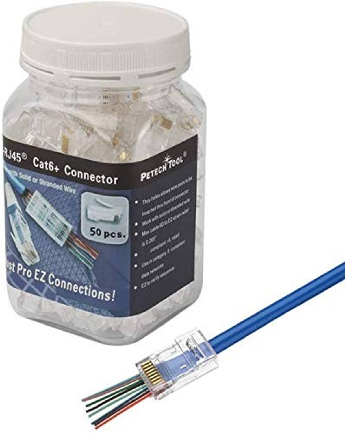 RJ45 Cat6+ connector jar with clear connector and blue Ethernet cable end