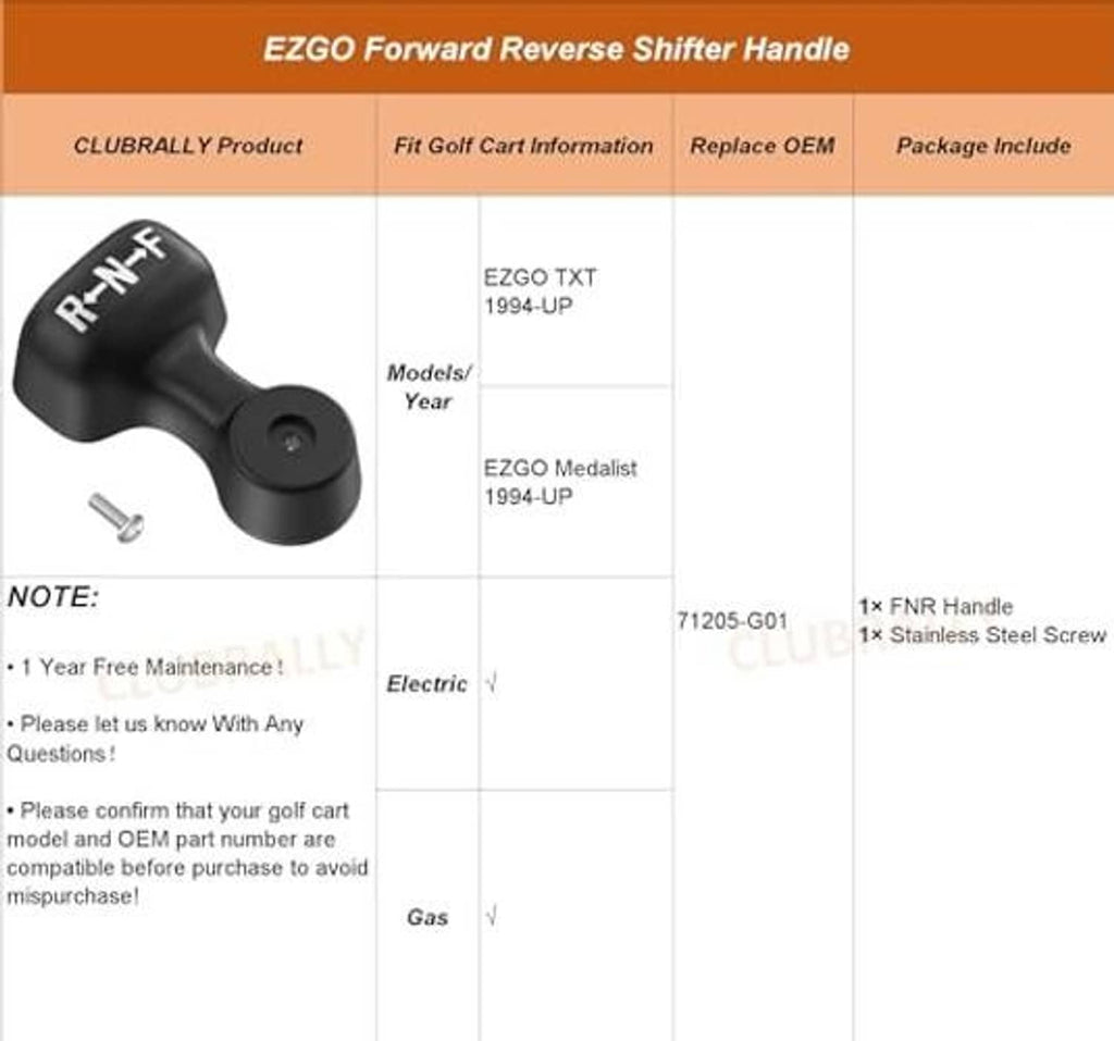 R-N-F forward reverse shifter handle shown with compatibility and package info table