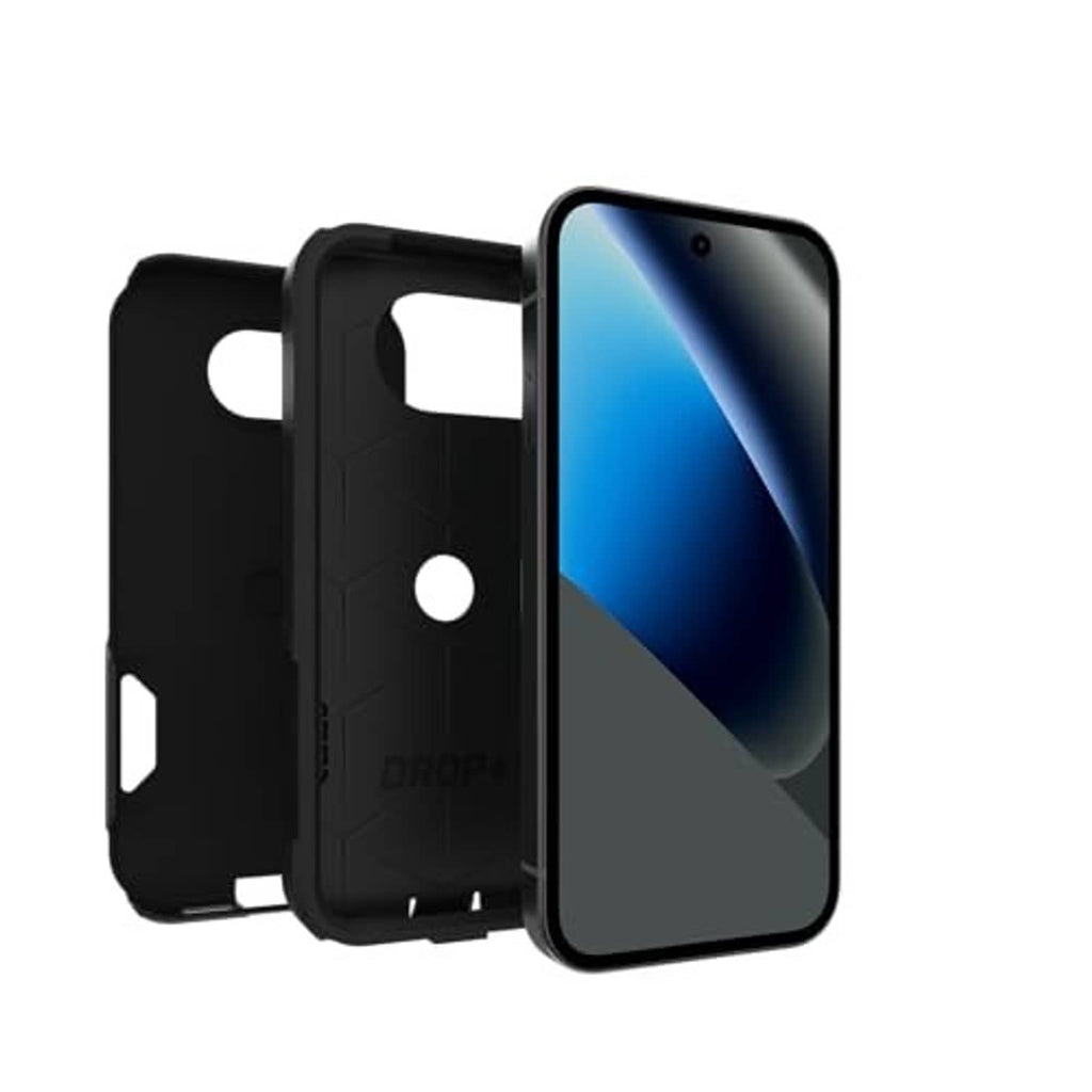 Black phone case with open ports, raised edges, and OtterBox branding, phone inserted