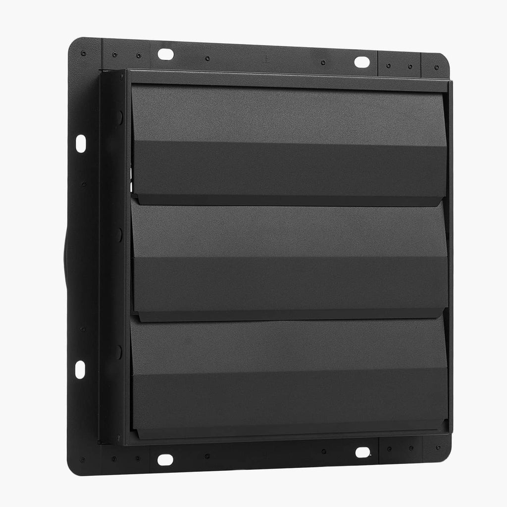 Wall-mount shutter exhaust fan with louvered cover, black metal frame