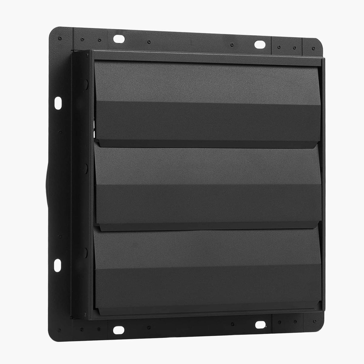 Wall-mount shutter exhaust fan with louvered cover, black metal frame