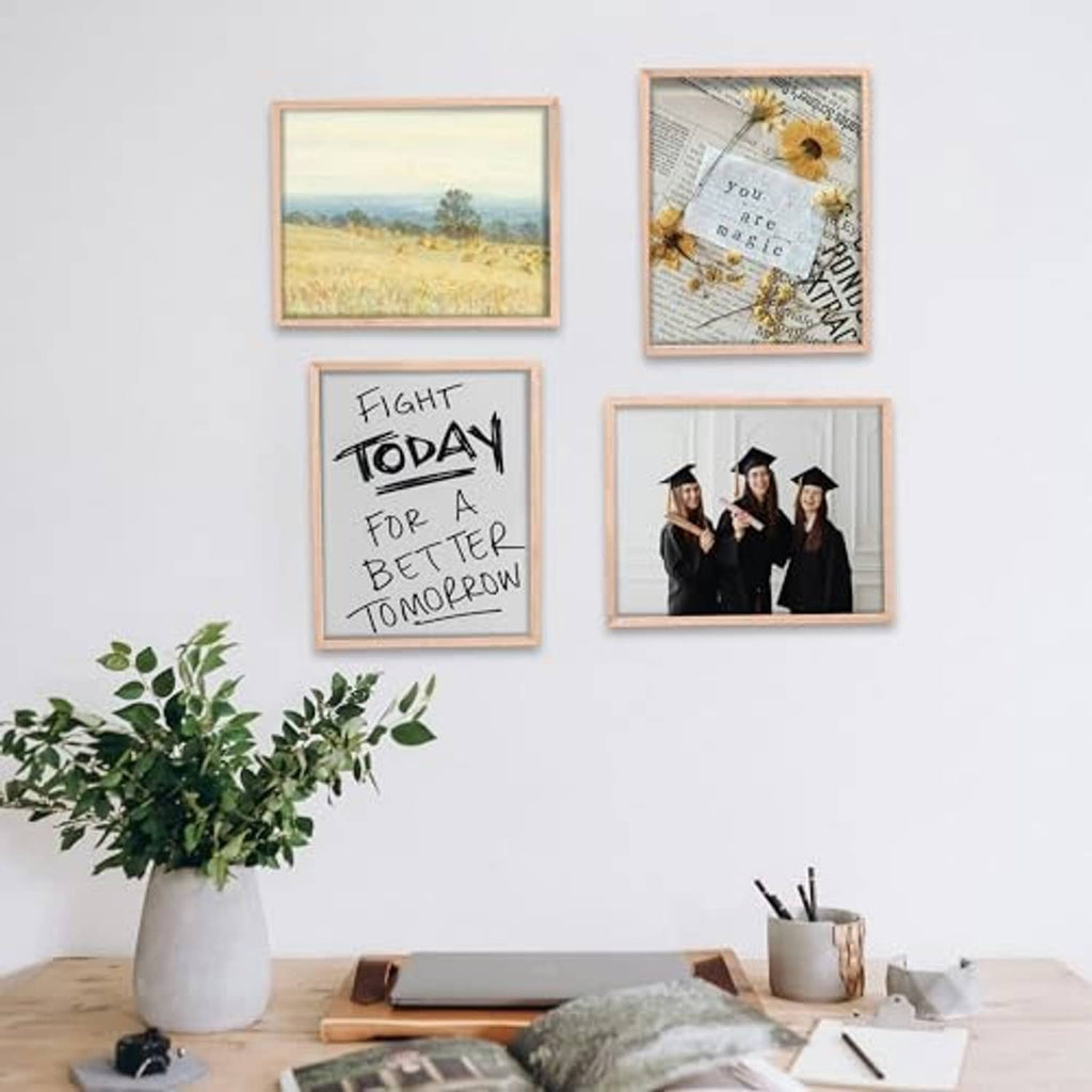 Natural oak 8x10 photo frames mounted on wall, four-piece set