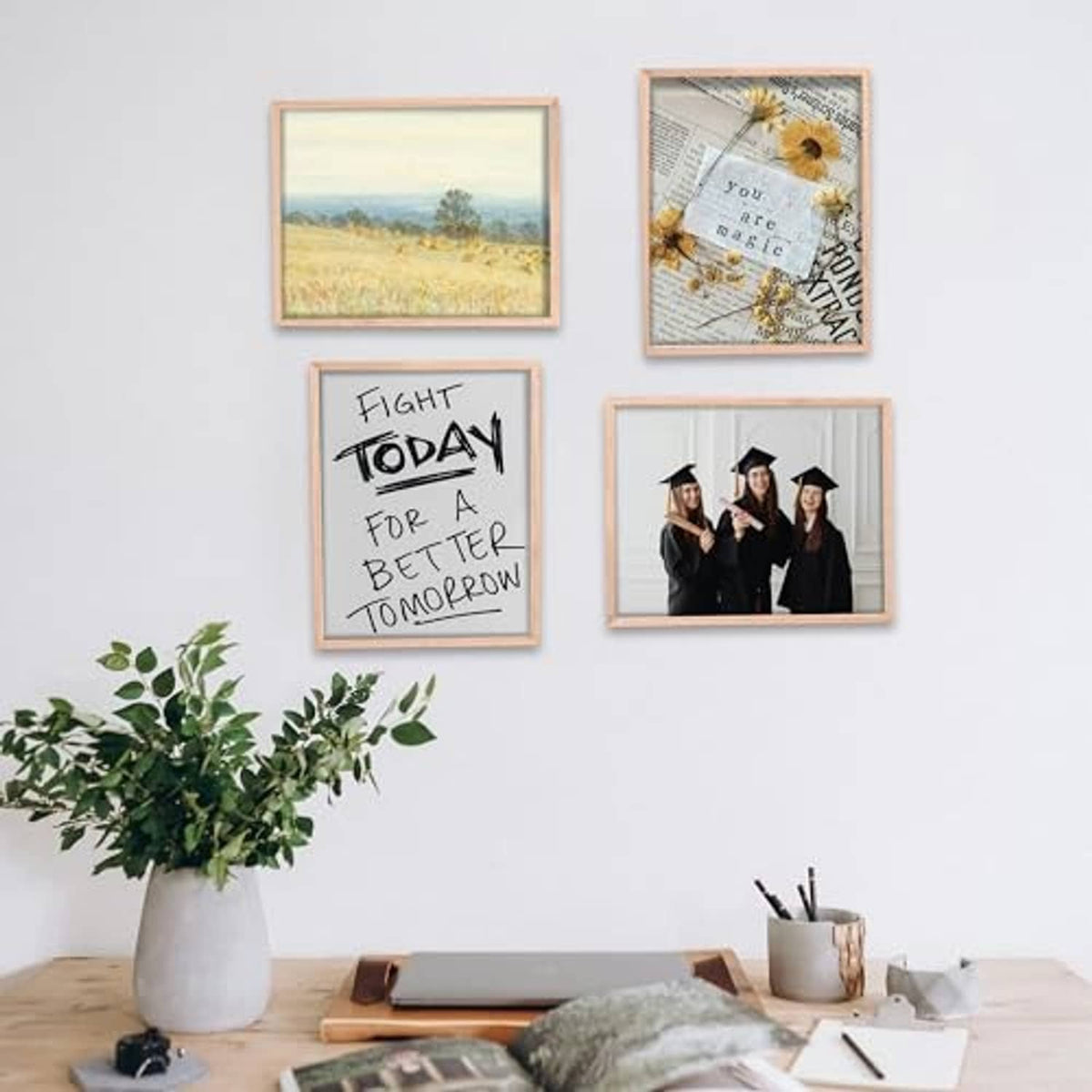 Natural oak 8x10 photo frames mounted on wall, four-piece set