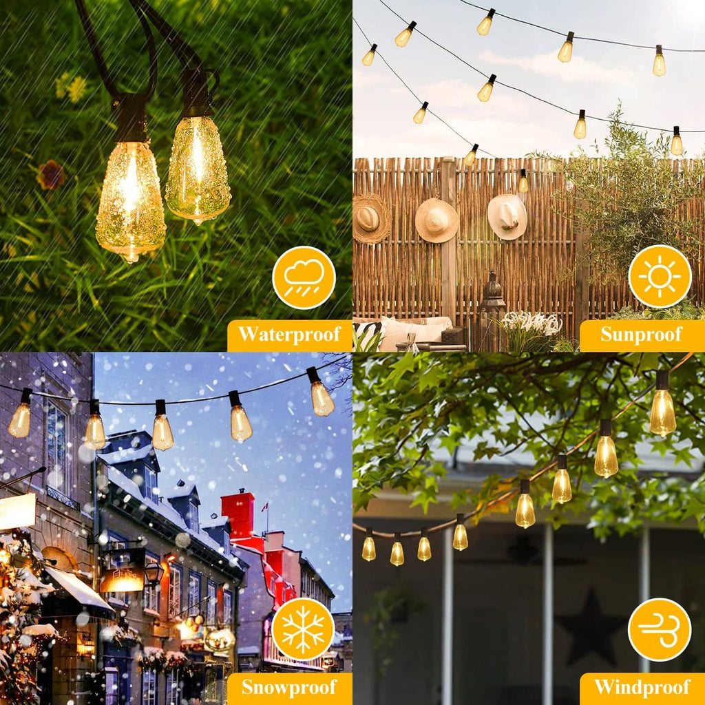 Weatherproof outdoor string lights with warm amber Edison-style bulbs on black wire