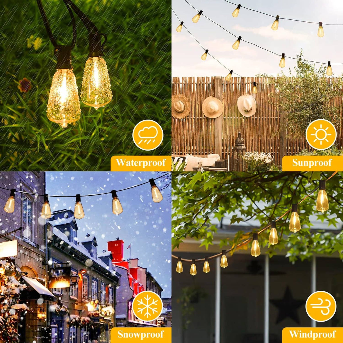 Weatherproof outdoor string lights with warm amber Edison-style bulbs on black wire