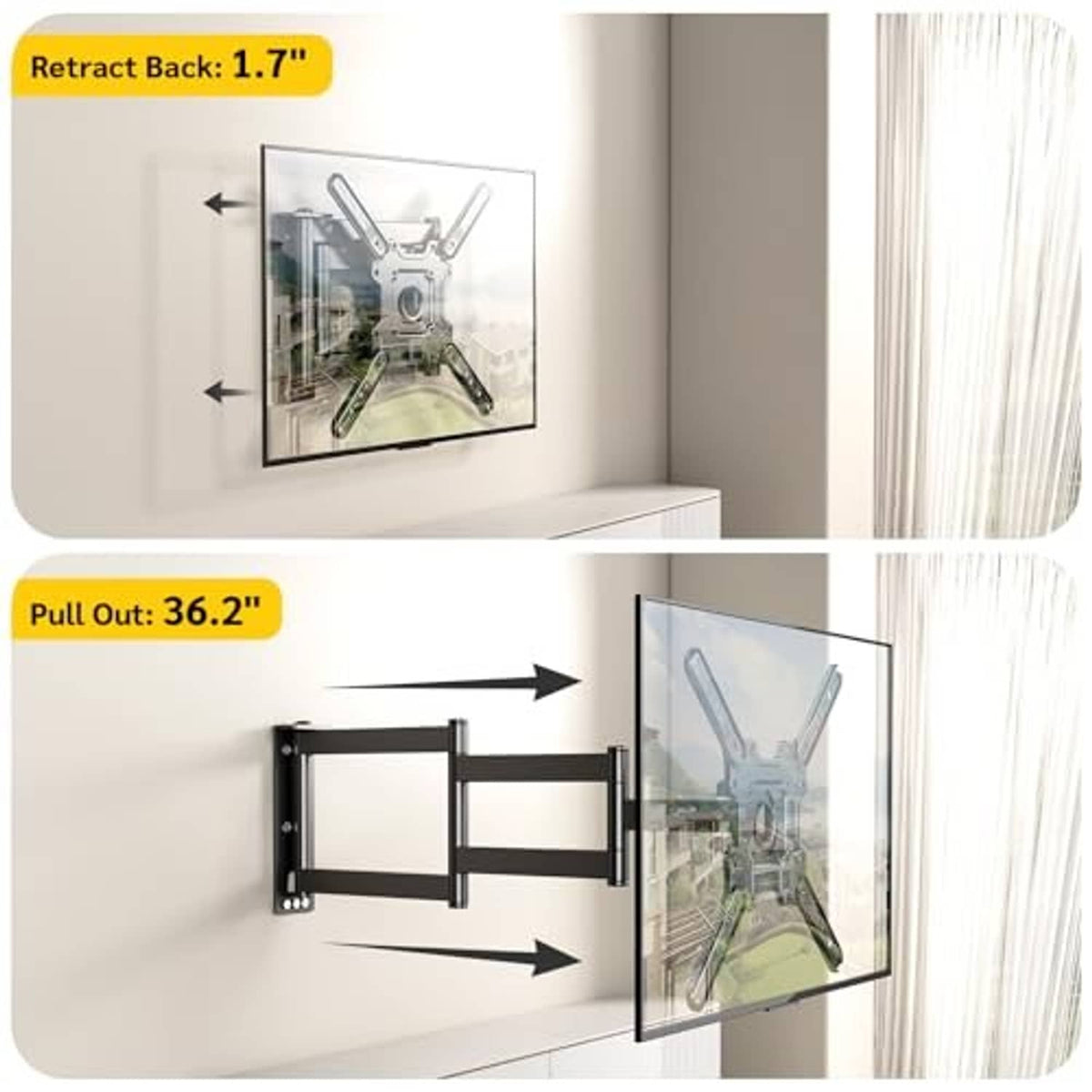 Retract-and-extend TV wall mount arms shown pulling out from the wall
