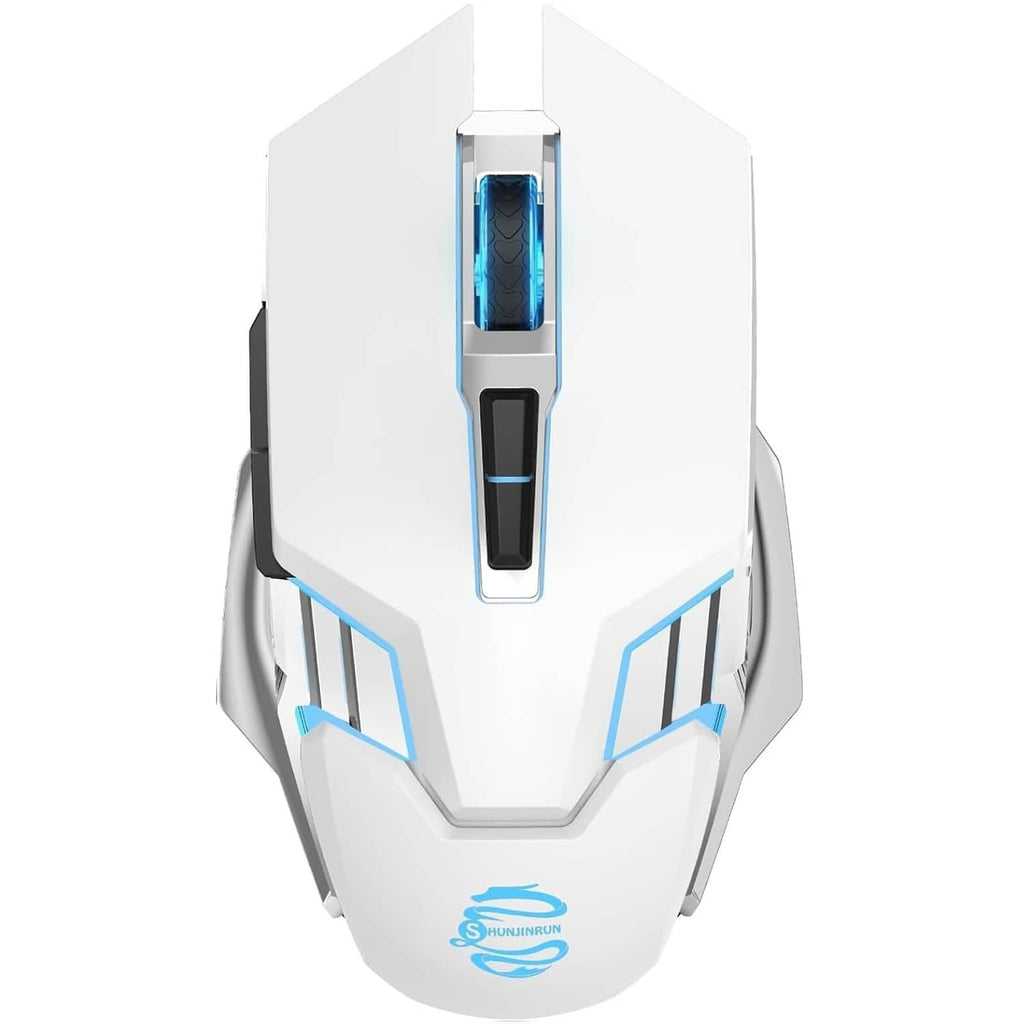 White wireless gaming mouse with blue LED light strip on the top panel